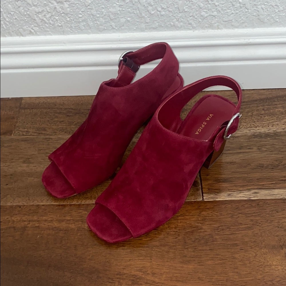 VIA SPIGA ELMA MERLOT RED SUEDE ANKLE STRAP HEEL BLOCK HEEL SANDALS